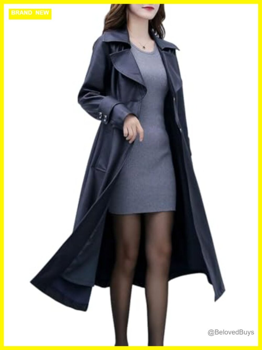 Women's Elegant Lapel Collar 2 Button Fit-Flare Pu Leather Long Trench Coat